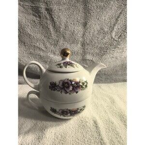 Arthur Wood Son Tea for One Stacking Teapot Cup Set Violets Pansies 6496 England